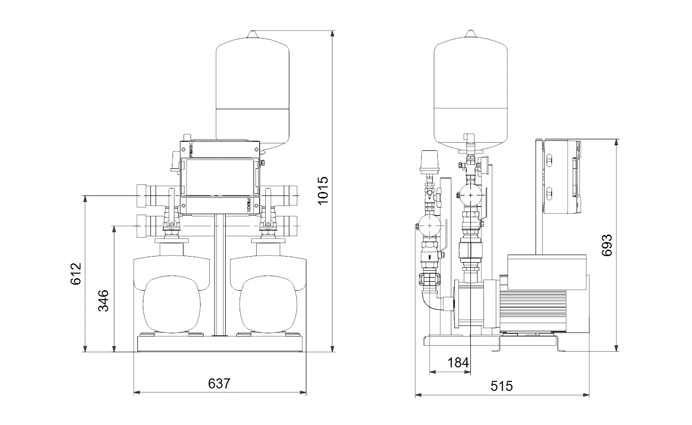 Druckerhöhungsanlage von Grundfos mit zwei Pumpen, montiert auf einer Bodenplatte. Sichtbare Komponenten umfassen einen Tank, Ventile und einen Motor.